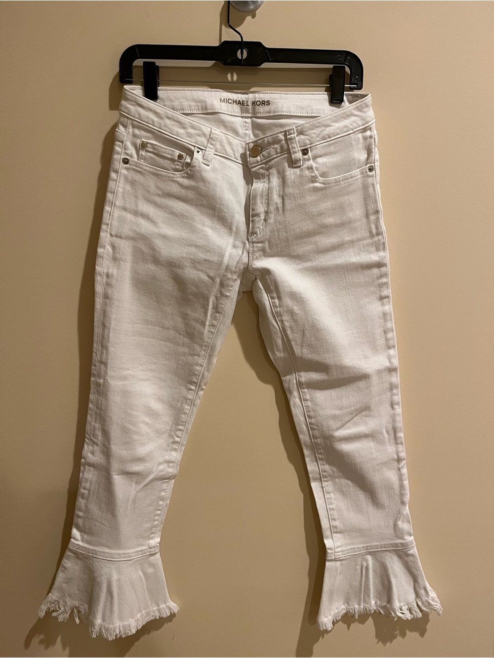 Michael Kors White Cropped Flare Jeans with Frayed Hem